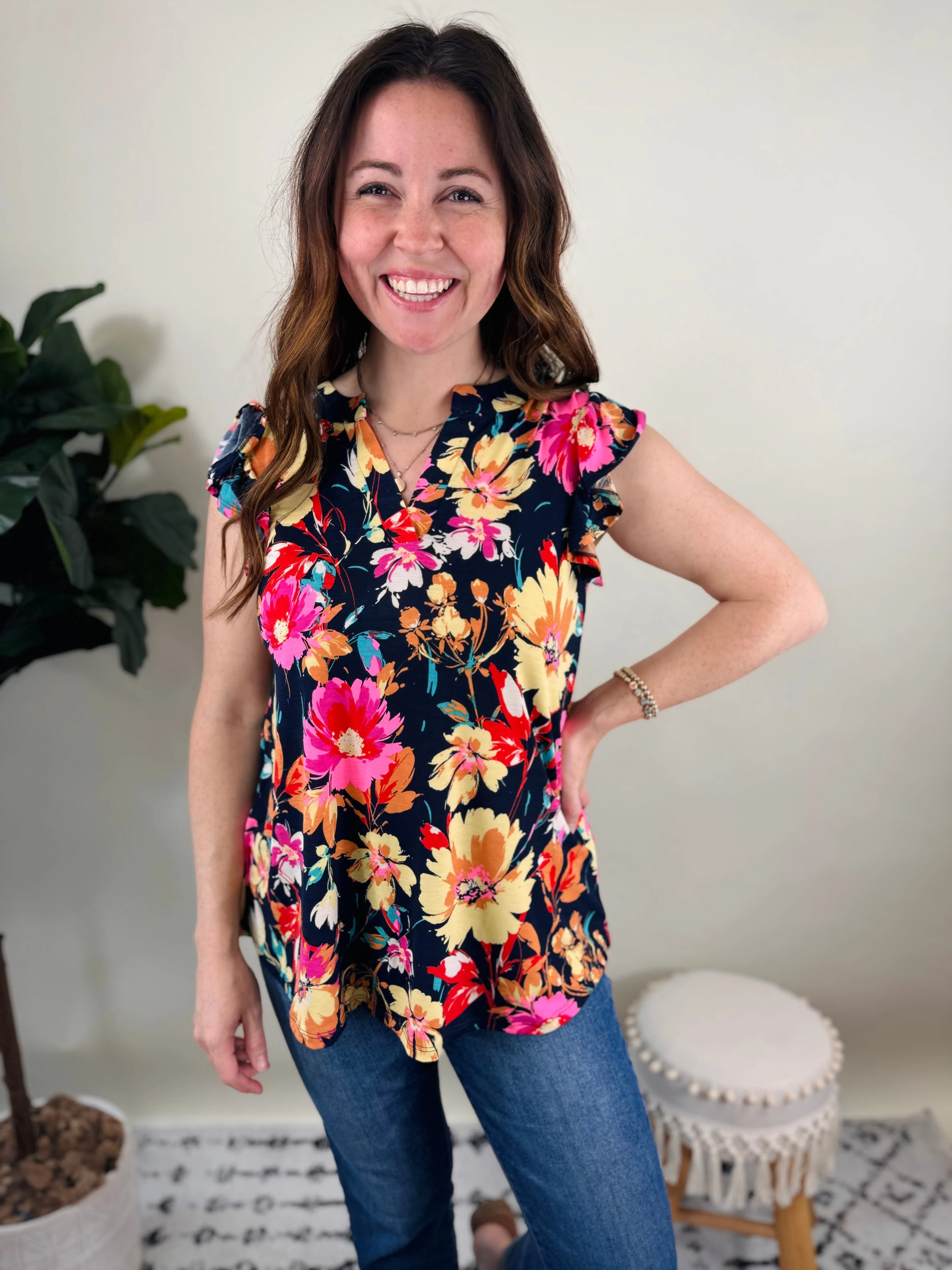 Lizzy Navy Floral Flutter Sleeve Top