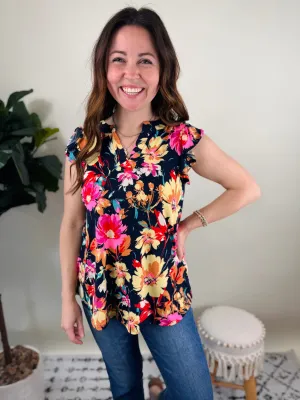 Lizzy Navy Floral Flutter Sleeve Top