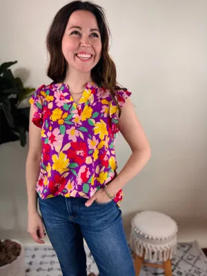 Lizzy Pink Floral Flutter Sleeve Top