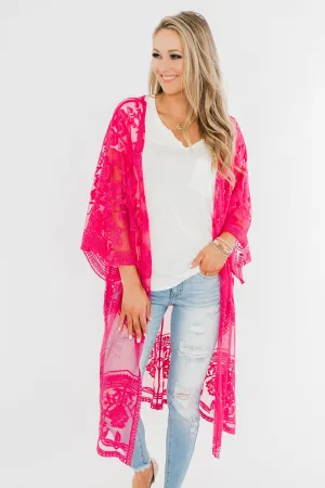 Long Sheer Floral Lace Kimono- Hot Pink