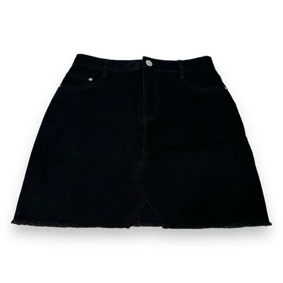 Maje Jeni Denim Skirt Women's 40 Black Cotton Short Pencil Frayed Hem Pockets