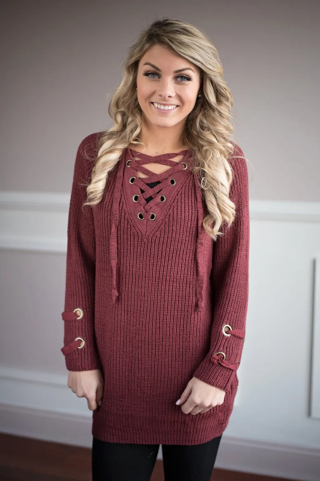Marsala Lace Up Sweater