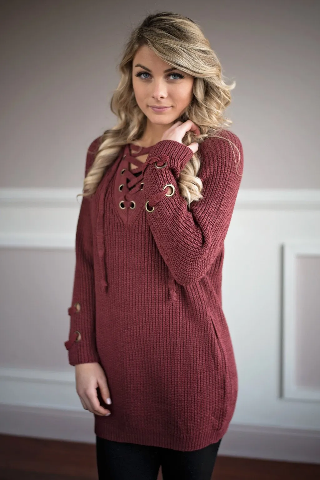 Marsala Lace Up Sweater