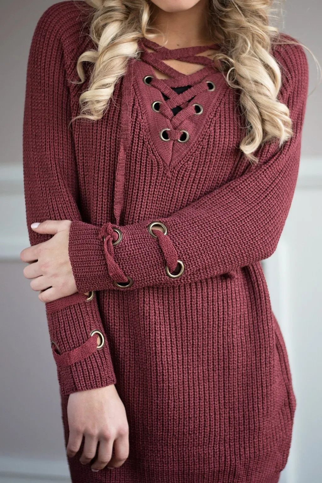 Marsala Lace Up Sweater