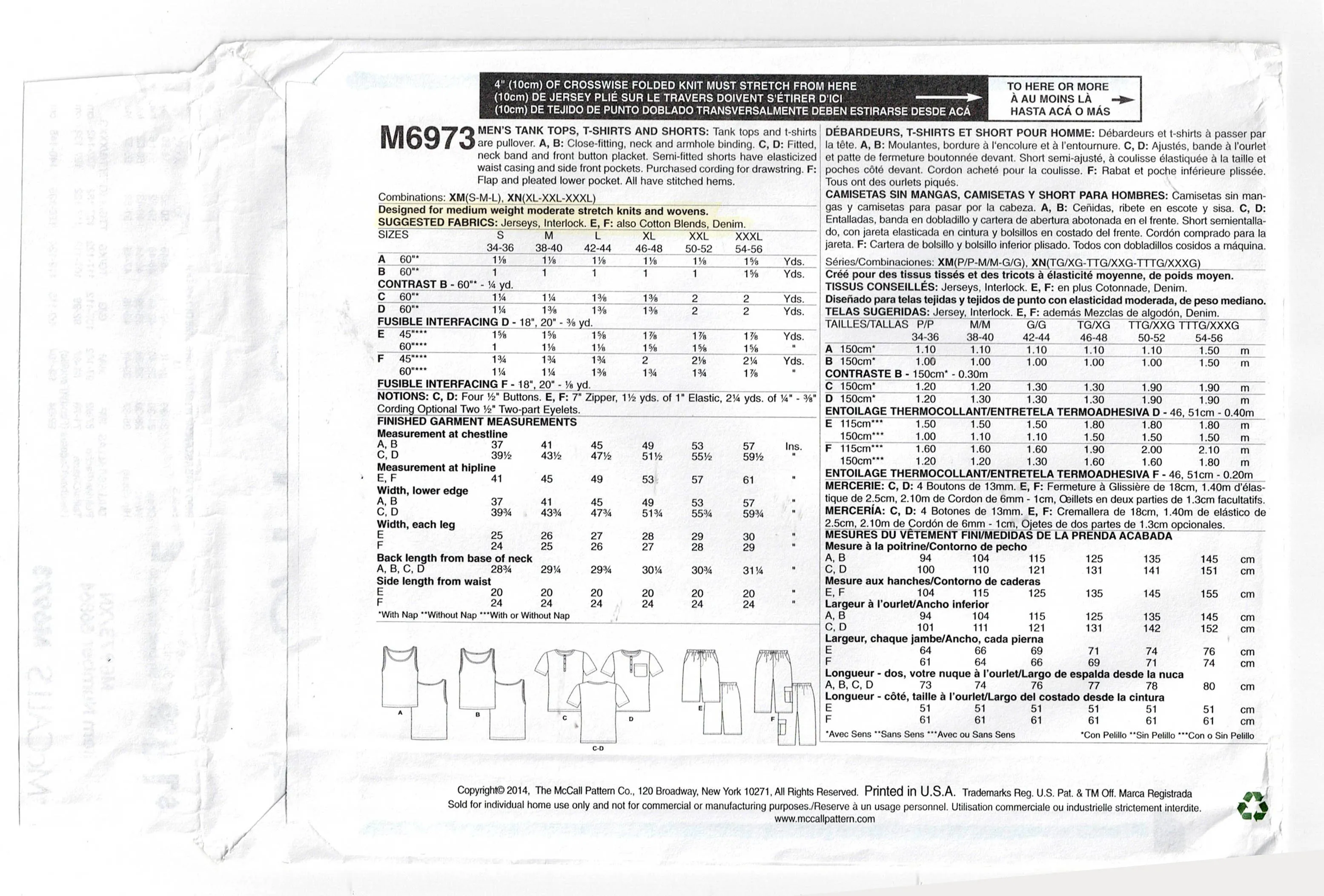 McCall's 6973 PLUS SIZE Mens Tank Tops Shirt & Cargo Shorts Sewing Pattern Size XL - 3XL UNCUT Factory Folded