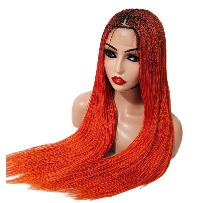 Micro Twist Fully Hand Braided Lace Closure Wig (Red Orange)