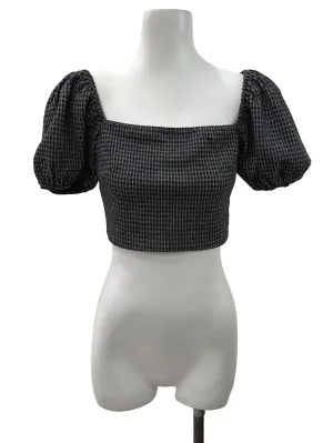 Navy Blue Tweed Blue Puffy Sleeved Top