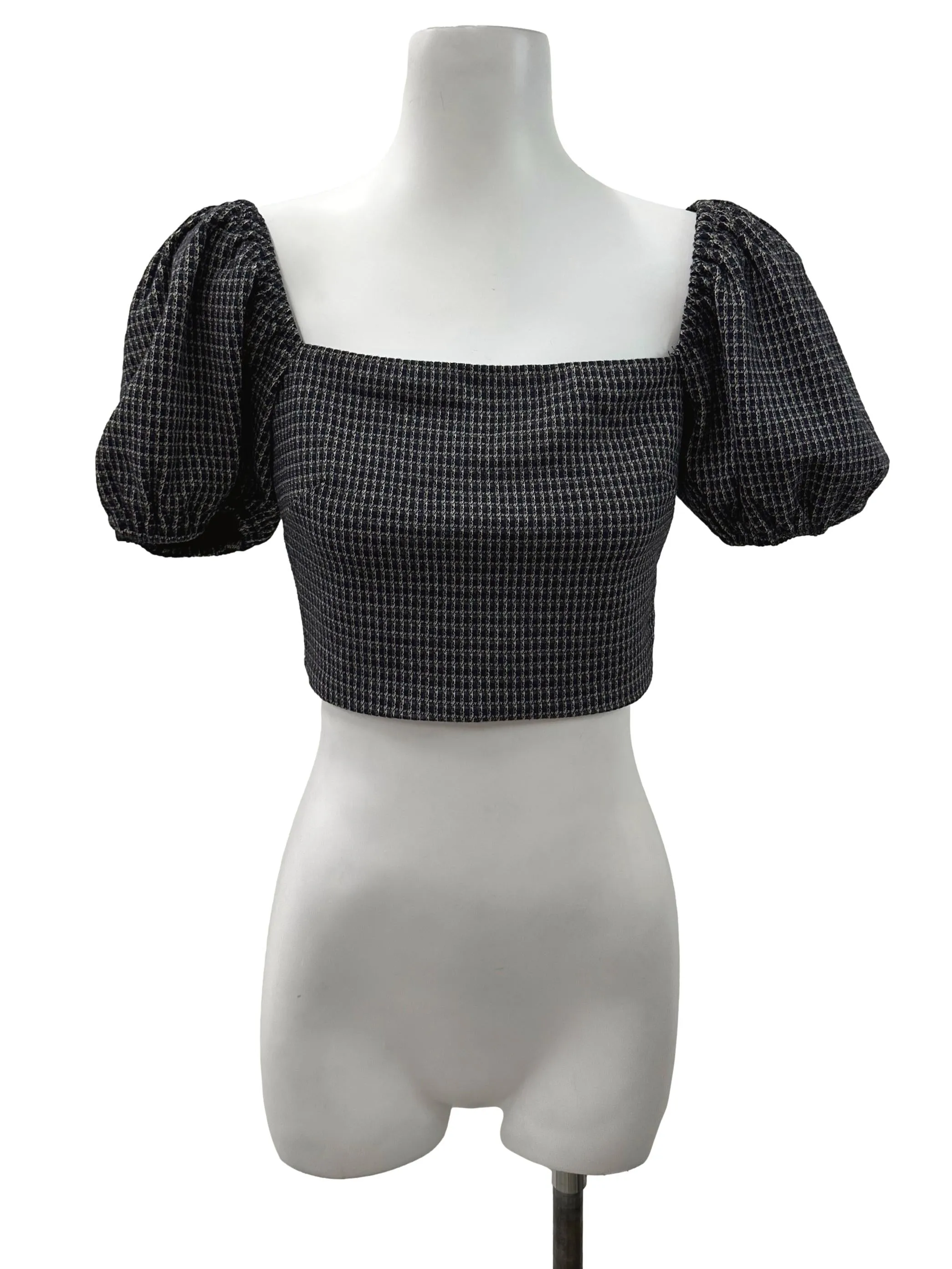Navy Blue Tweed Blue Puffy Sleeved Top