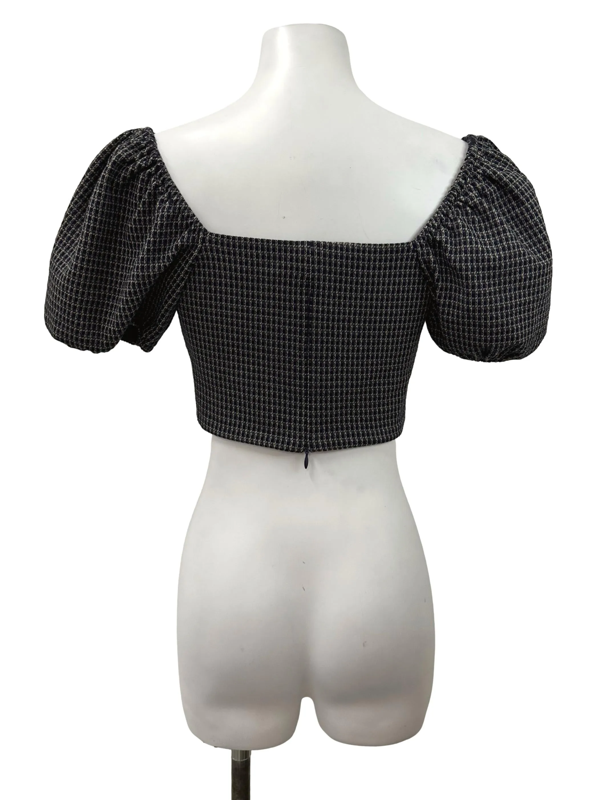 Navy Blue Tweed Blue Puffy Sleeved Top