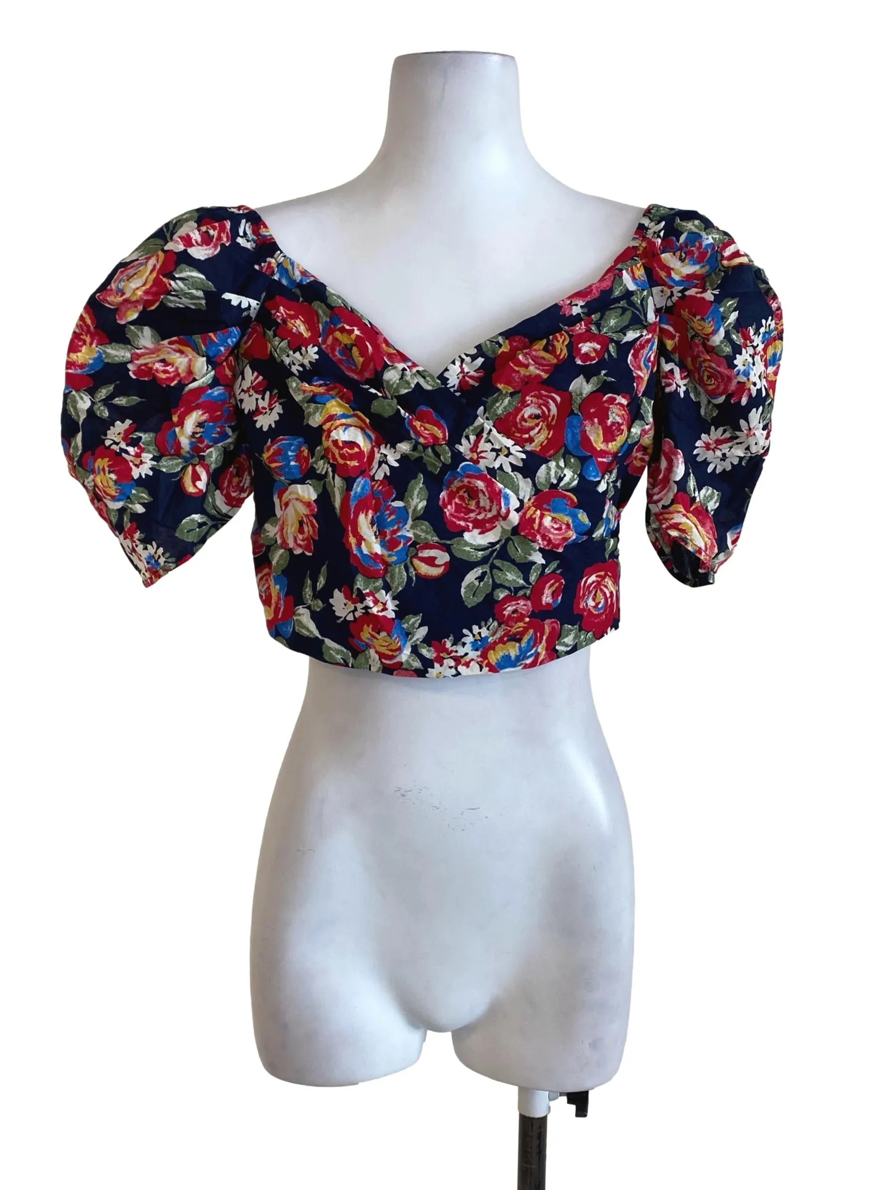 Navy Blue V Neck Floral Top