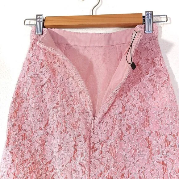 NEW House of CB Rexie Romantic Vintage Pink Sheer Lace Pencil Midi Skirt XS