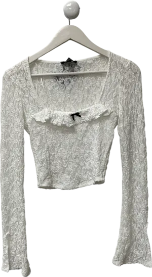 New Look White Square Neck Lace Long Sleeve Top UK 8