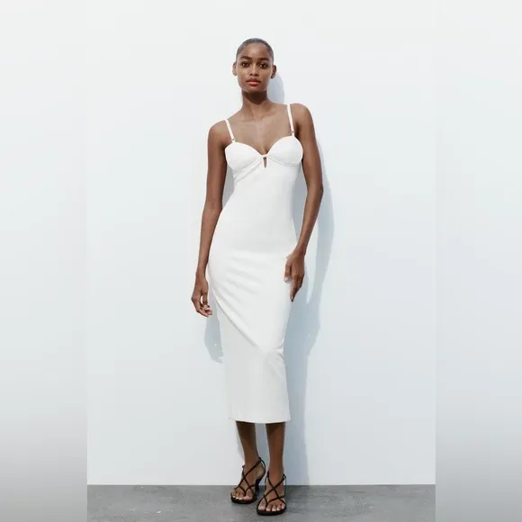 NEW ZARA Midi Dress Womens White Sweetheart Bustier Strap Cocktail Bridal Size S