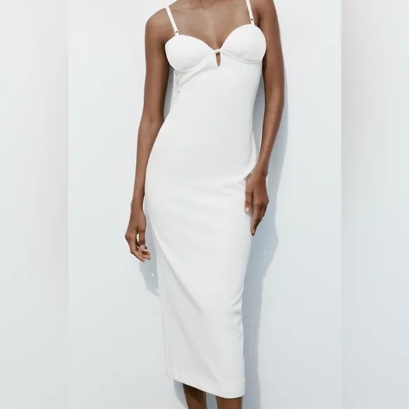 NEW ZARA Midi Dress Womens White Sweetheart Bustier Strap Cocktail Bridal Size S