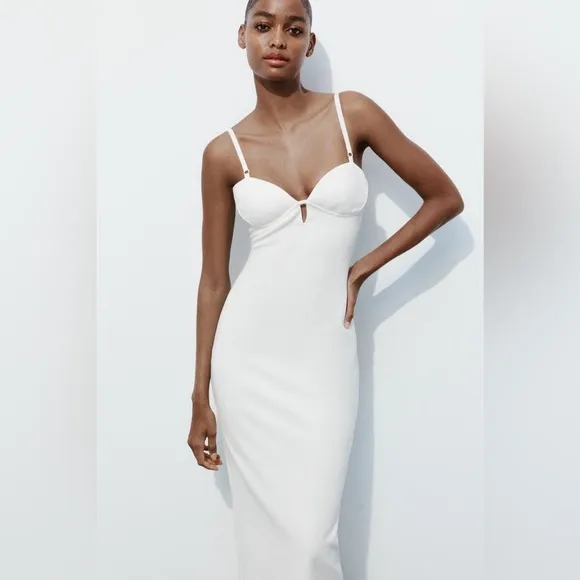 NEW ZARA Midi Dress Womens White Sweetheart Bustier Strap Cocktail Bridal Size S