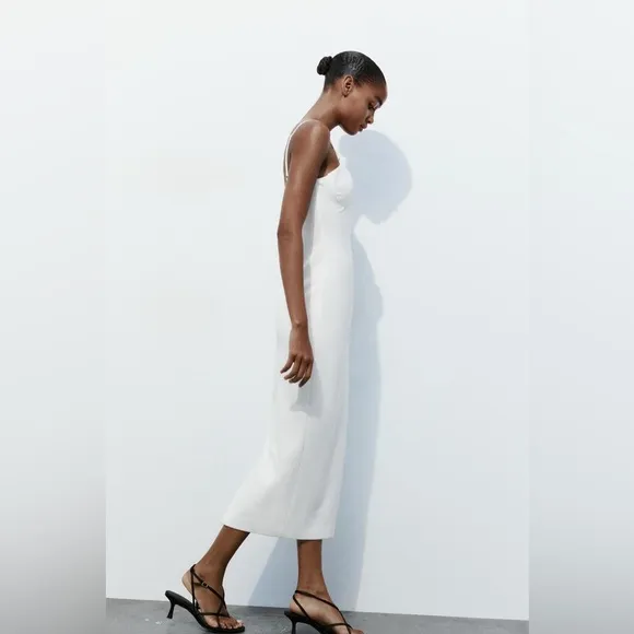 NEW ZARA Midi Dress Womens White Sweetheart Bustier Strap Cocktail Bridal Size S