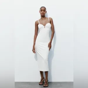 NEW ZARA Midi Dress Womens White Sweetheart Bustier Strap Cocktail Bridal Size S