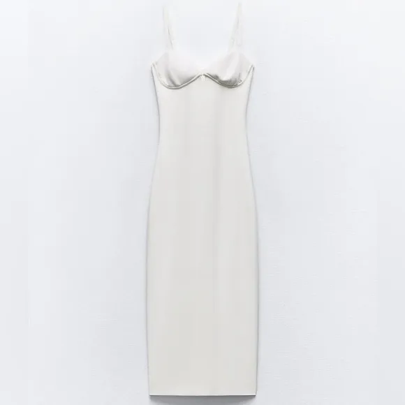 NEW ZARA Midi Dress Womens White Sweetheart Bustier Strap Cocktail Bridal Size S