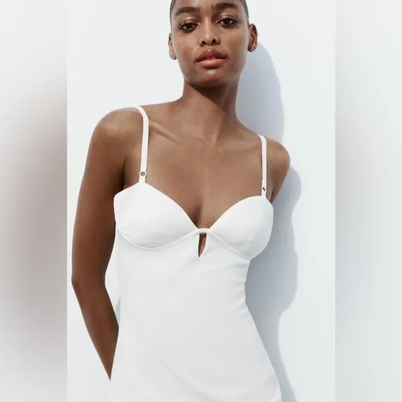 NEW ZARA Midi Dress Womens White Sweetheart Bustier Strap Cocktail Bridal Size S