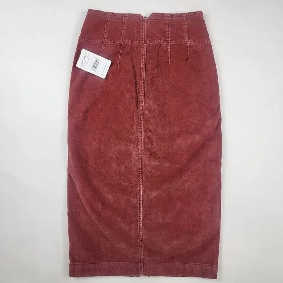New Free People Women Red Pencil Skirt Zipped Midi Corduroy Size 24 MSRP $108