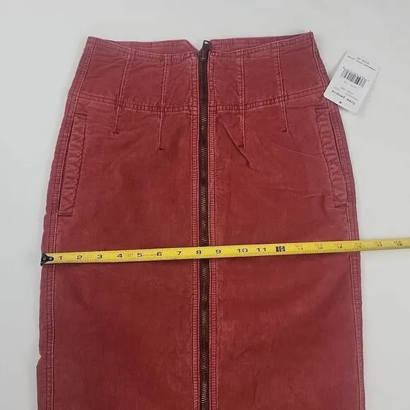 New Free People Women Red Pencil Skirt Zipped Midi Corduroy Size 24 MSRP $108