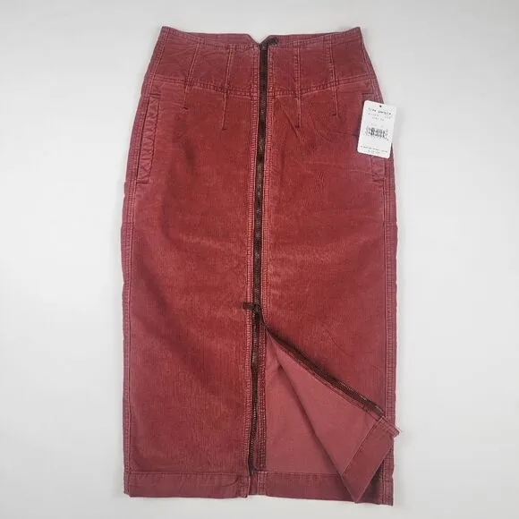 New Free People Women Red Pencil Skirt Zipped Midi Corduroy Size 24 MSRP $108