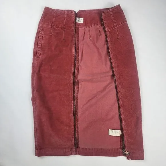 New Free People Women Red Pencil Skirt Zipped Midi Corduroy Size 24 MSRP $108
