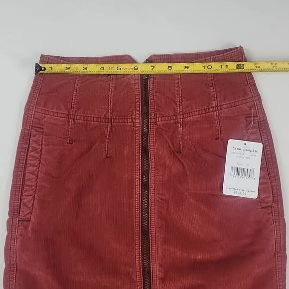 New Free People Women Red Pencil Skirt Zipped Midi Corduroy Size 24 MSRP $108