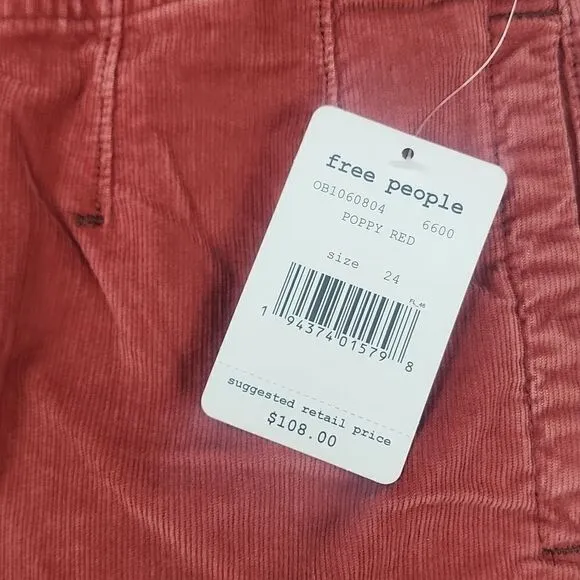 New Free People Women Red Pencil Skirt Zipped Midi Corduroy Size 24 MSRP $108