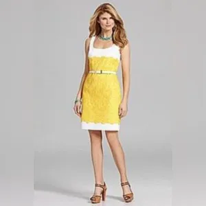 NWT Antonio Melani pencil dress midi size 12. White and yellow lace.