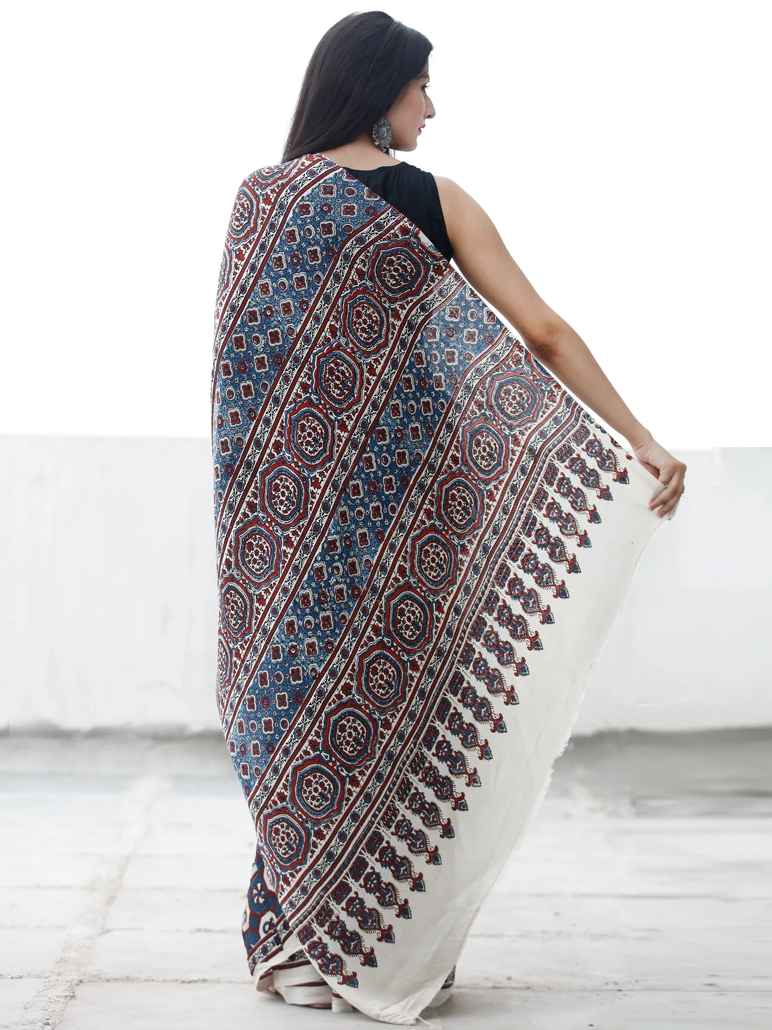 Off White Indigo Black Maroon Ajrakh Hand Block Printed Modal Silk Saree in Natural Colors - S031703695
