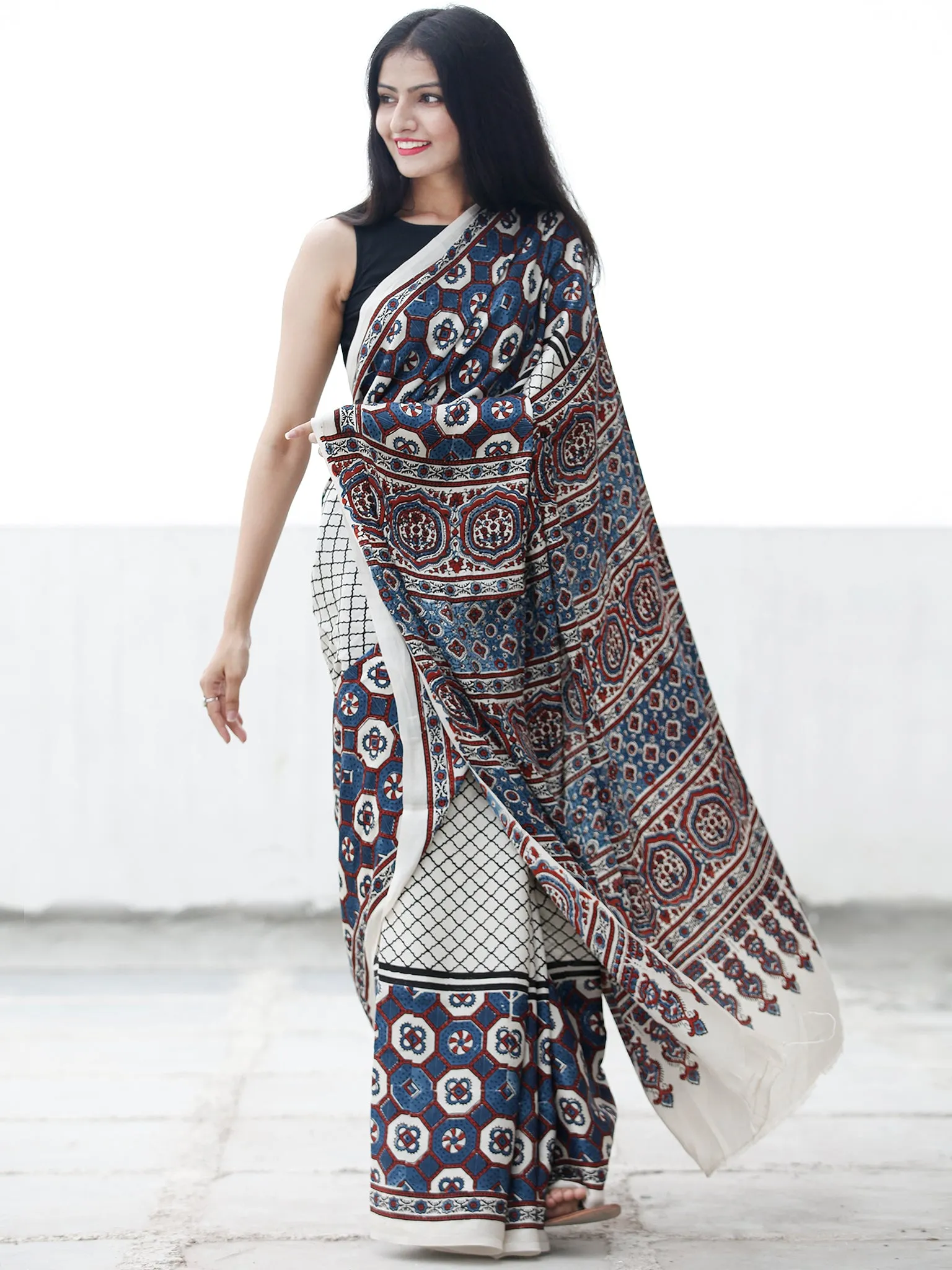 Off White Indigo Black Maroon Ajrakh Hand Block Printed Modal Silk Saree in Natural Colors - S031703695