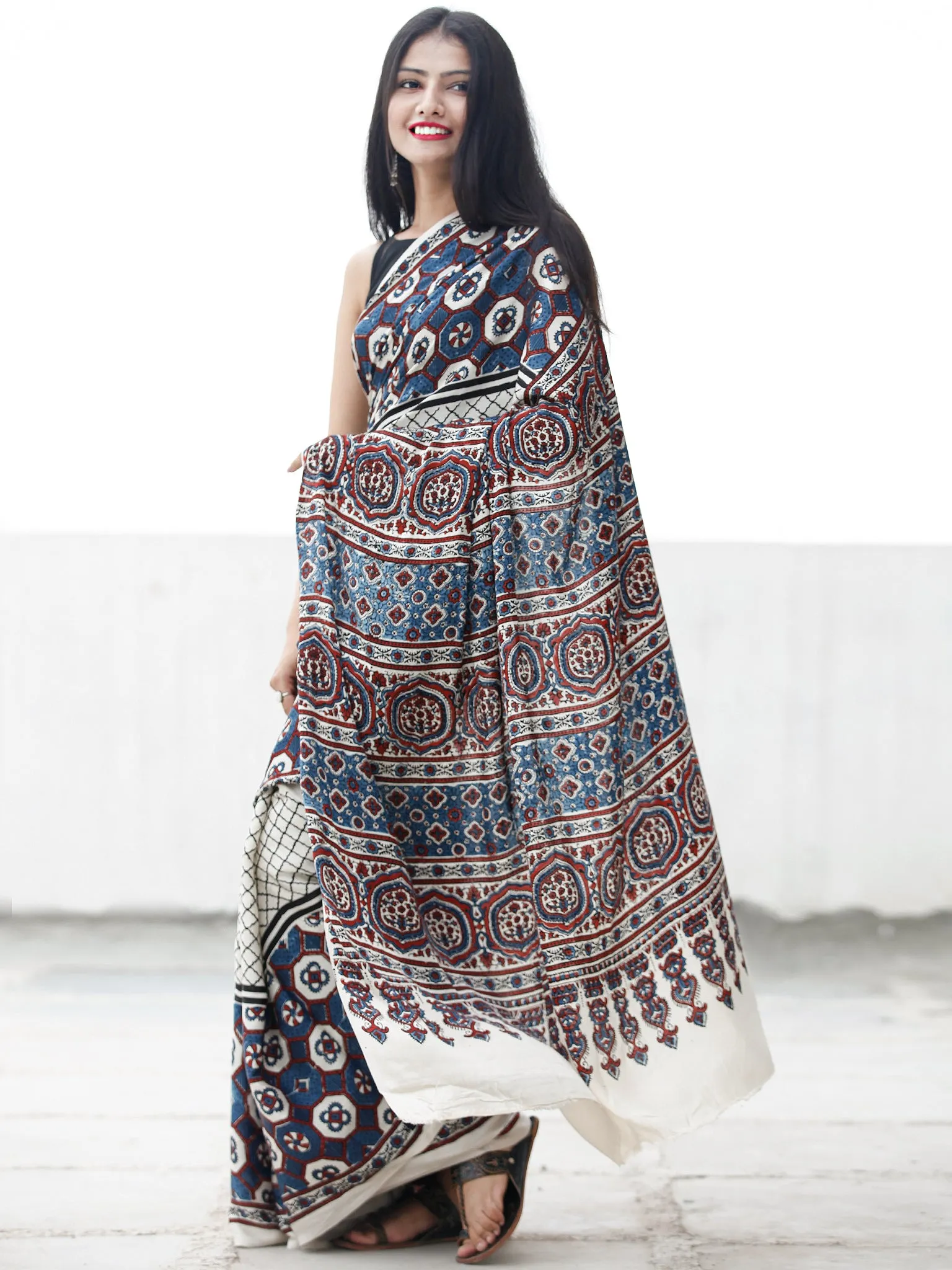 Off White Indigo Black Maroon Ajrakh Hand Block Printed Modal Silk Saree in Natural Colors - S031703695
