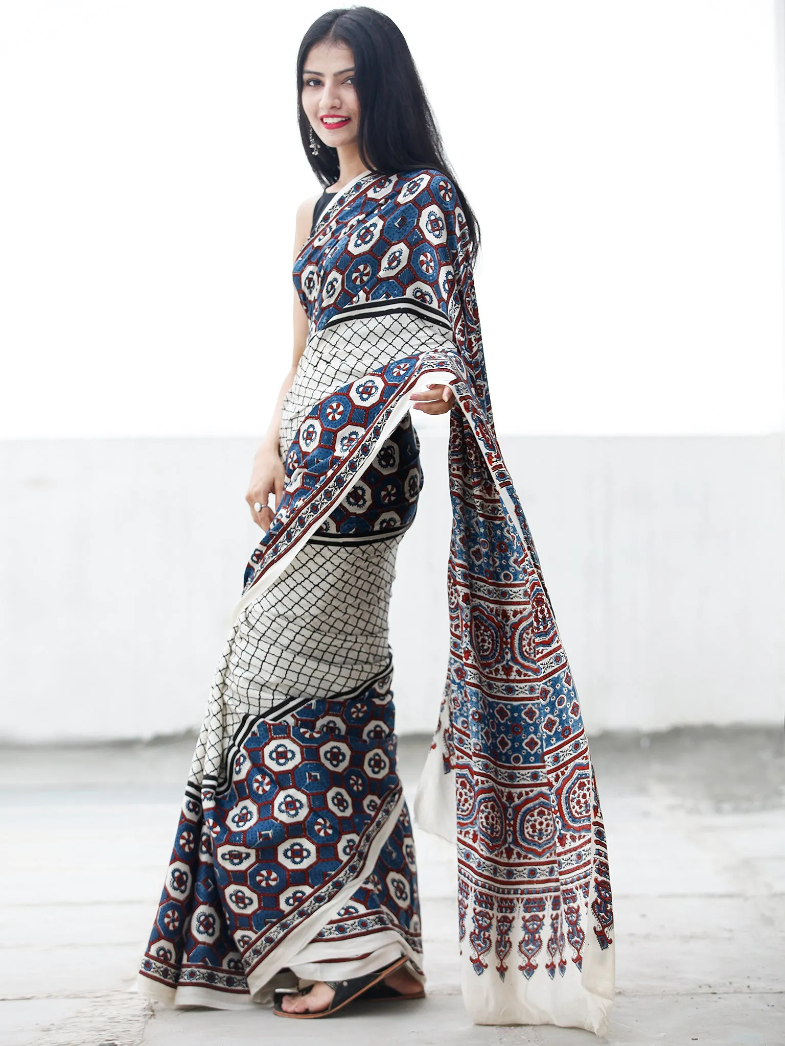 Off White Indigo Black Maroon Ajrakh Hand Block Printed Modal Silk Saree in Natural Colors - S031703695