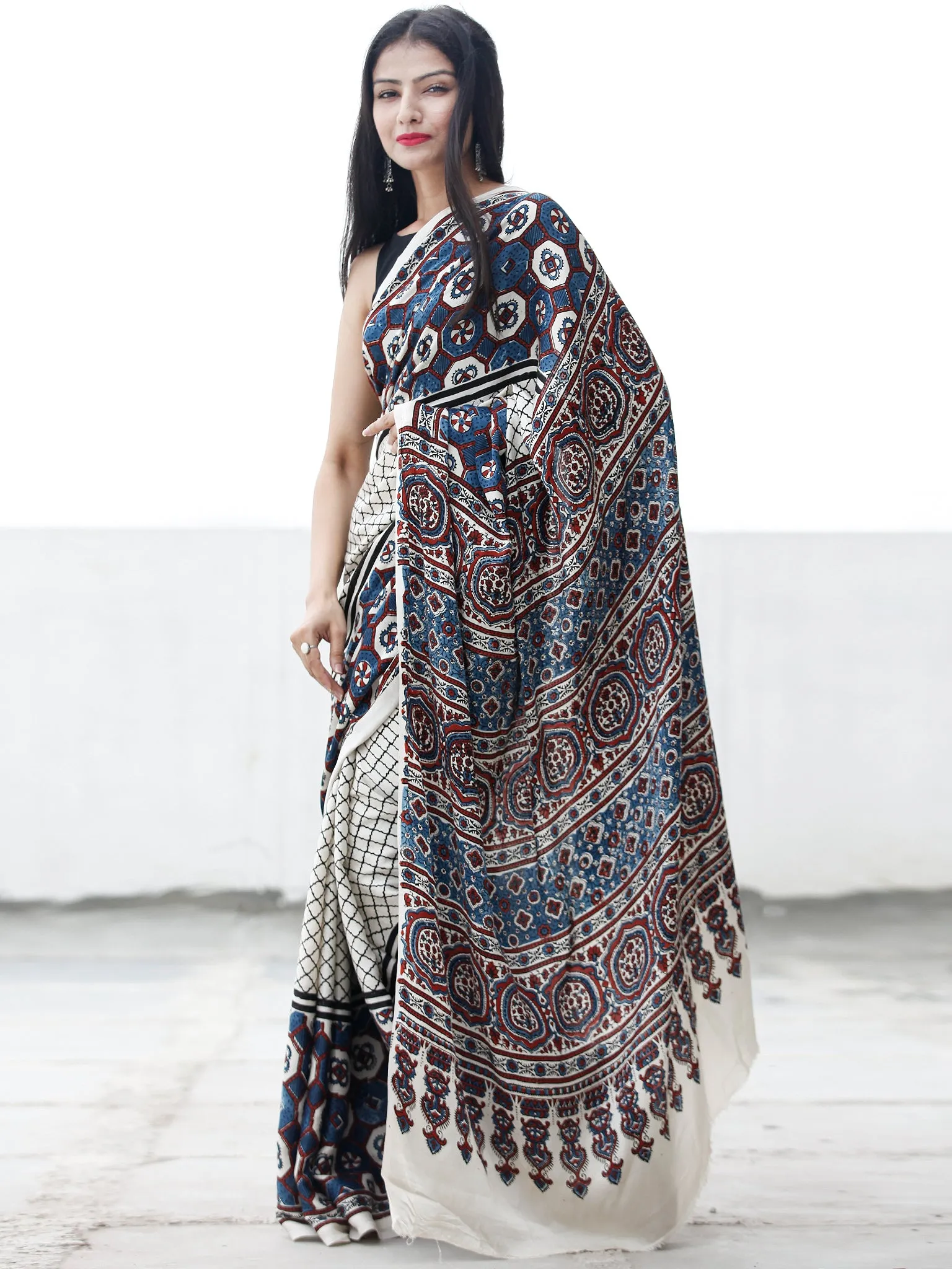 Off White Indigo Black Maroon Ajrakh Hand Block Printed Modal Silk Saree in Natural Colors - S031703695
