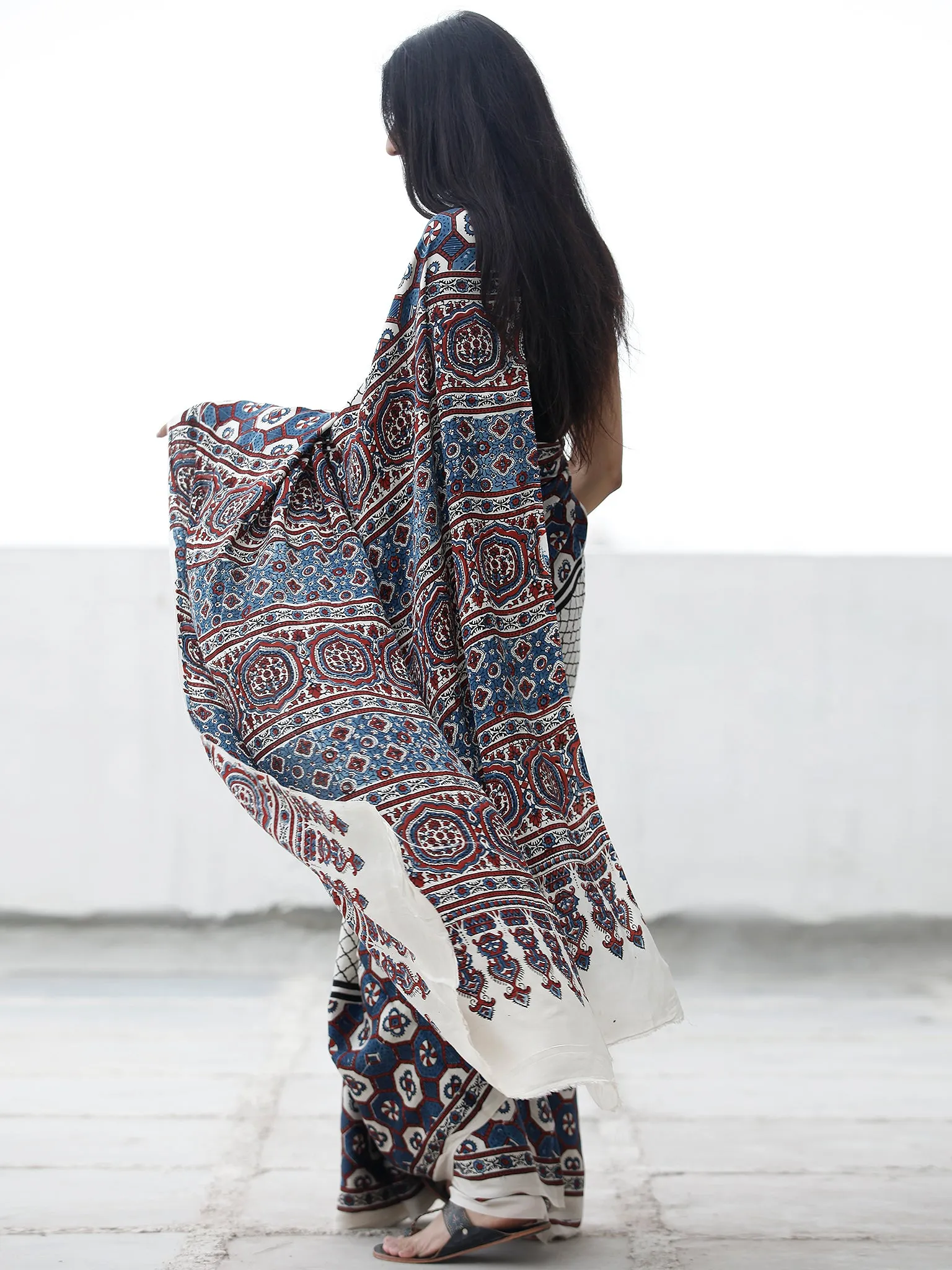 Off White Indigo Black Maroon Ajrakh Hand Block Printed Modal Silk Saree in Natural Colors - S031703695