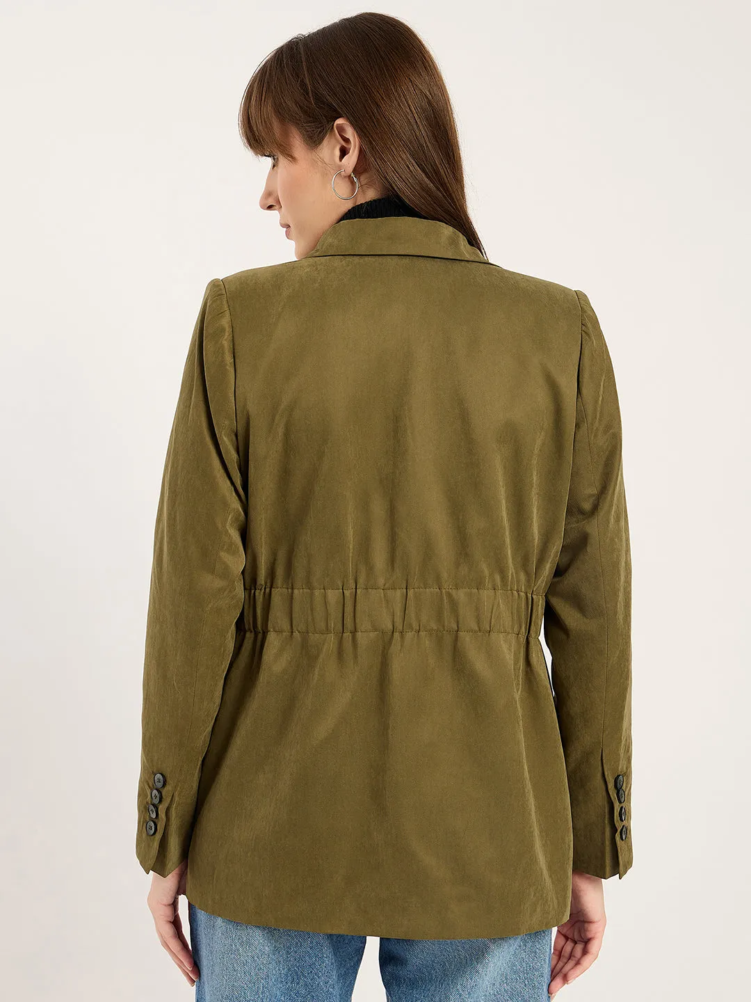 Olive Cinched Waist Cityscape Blazer