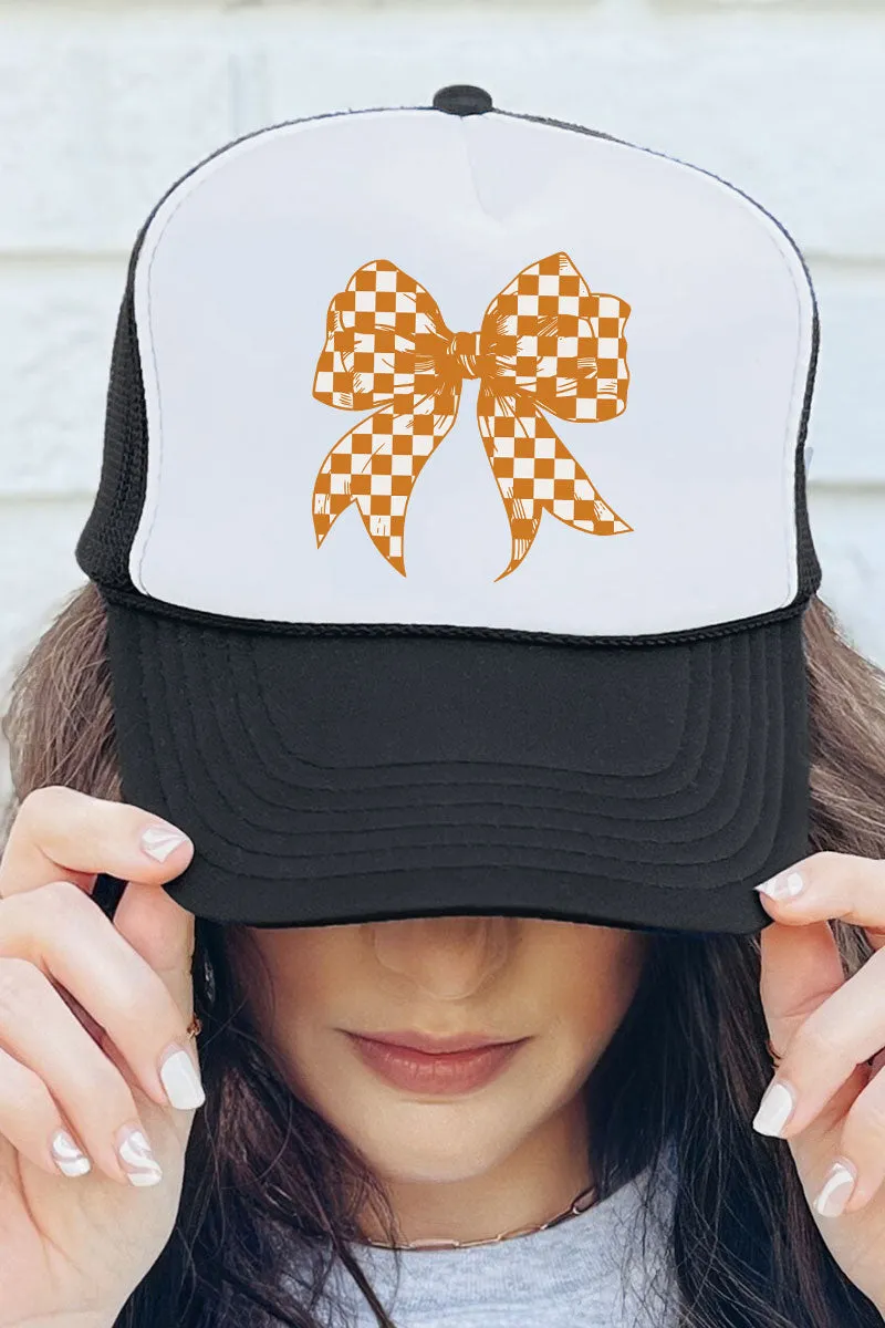 Orange Checkered Coquette Bow Foam Mesh Back Trucker Cap