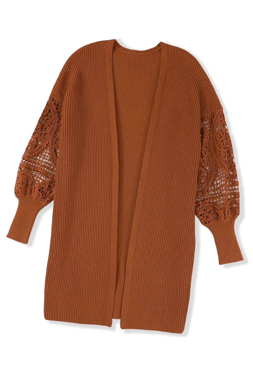 Orange Ribbed Cutout Lace Patch Sleeve Open Cardigan