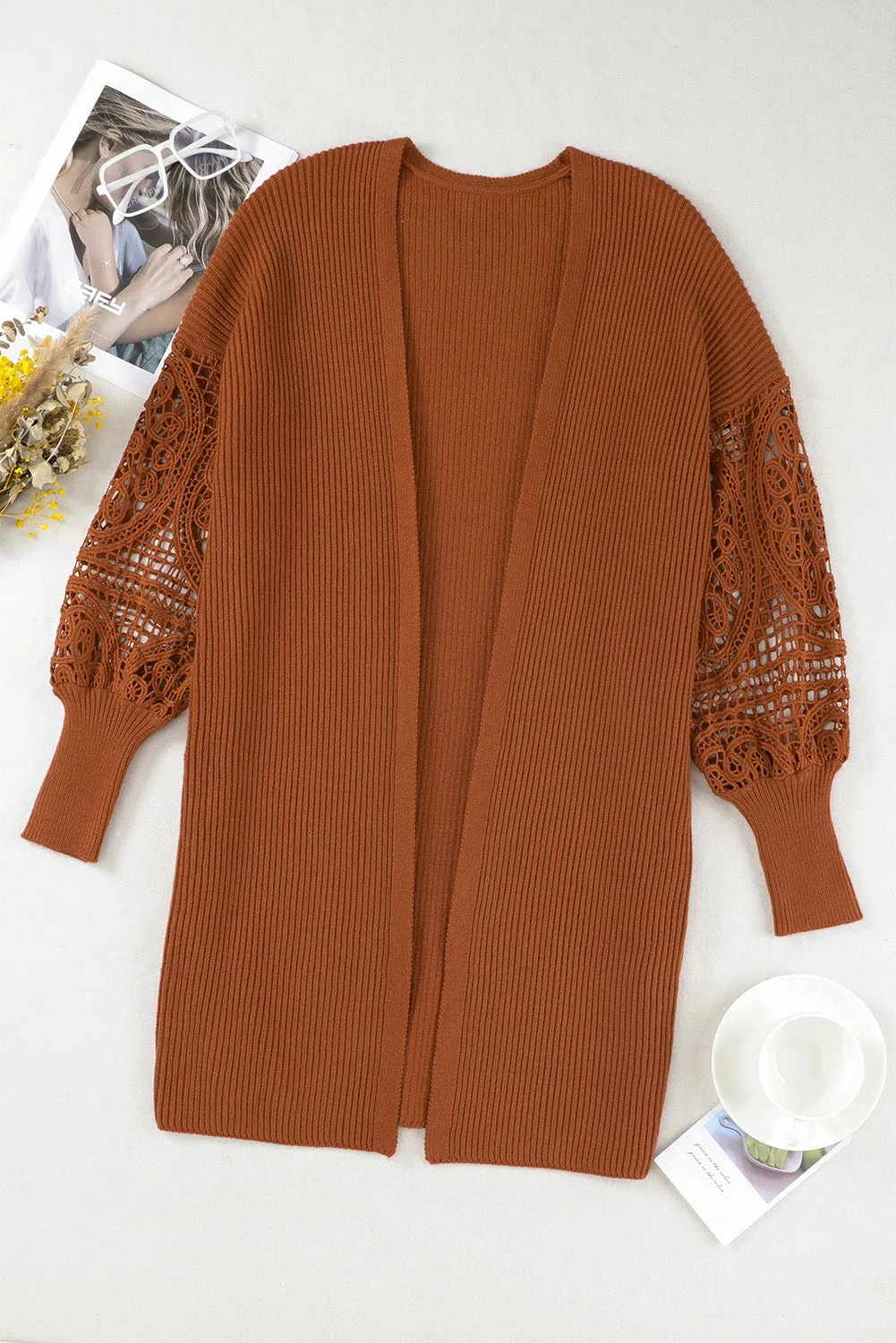 Orange Ribbed Cutout Lace Patch Sleeve Open Cardigan