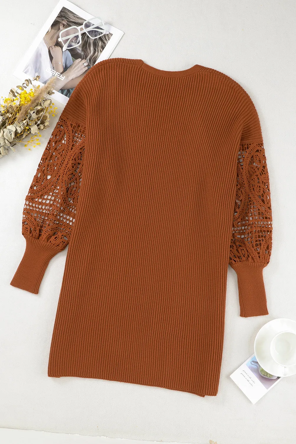 Orange Ribbed Cutout Lace Patch Sleeve Open Cardigan