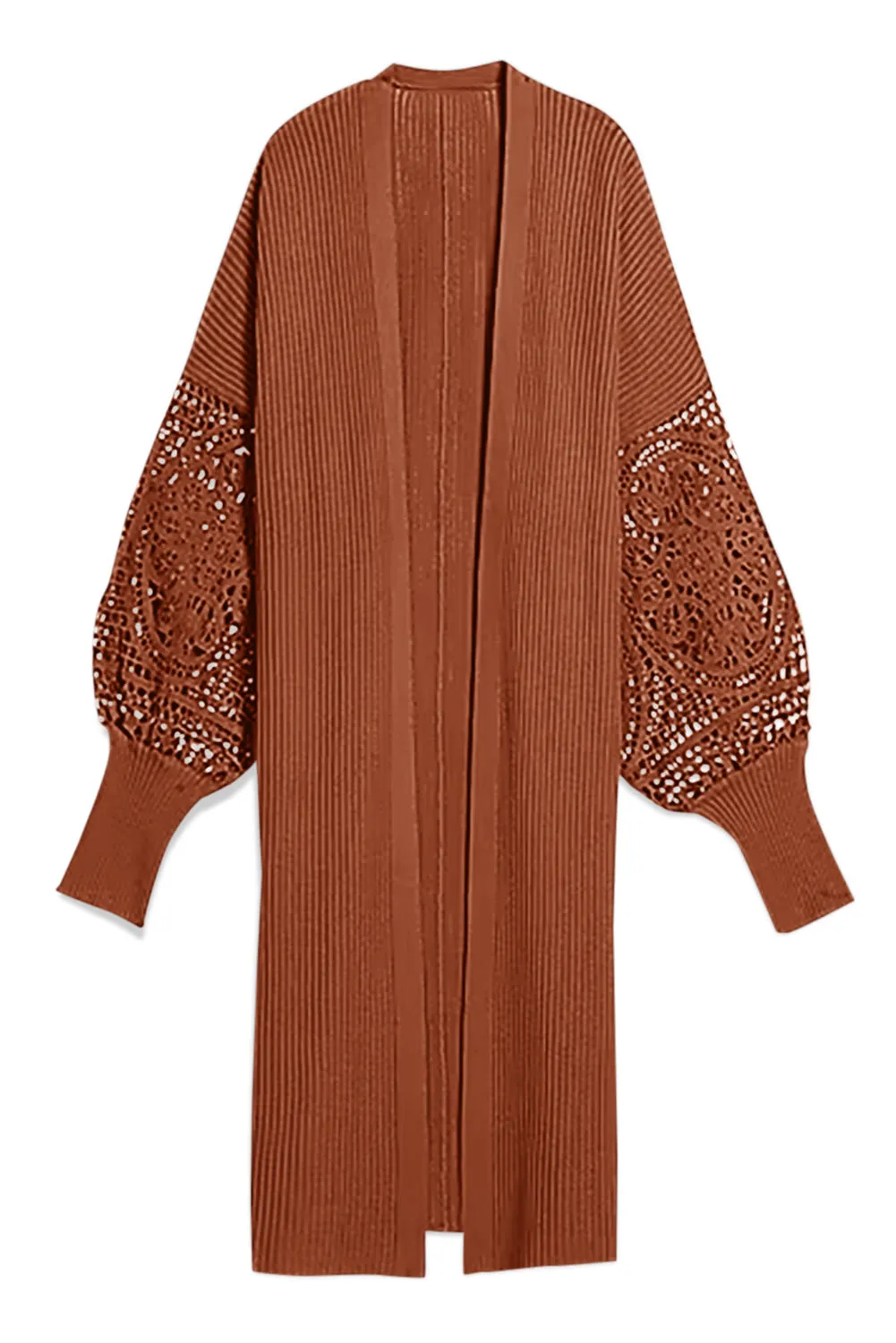 Orange Ribbed Cutout Lace Patch Sleeve Open Cardigan