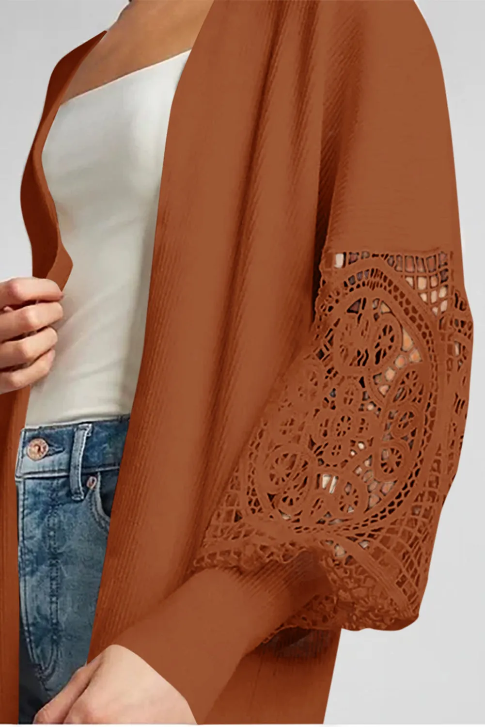 Orange Ribbed Cutout Lace Patch Sleeve Open Cardigan