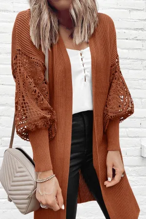 Orange Ribbed Cutout Lace Patch Sleeve Open Cardigan
