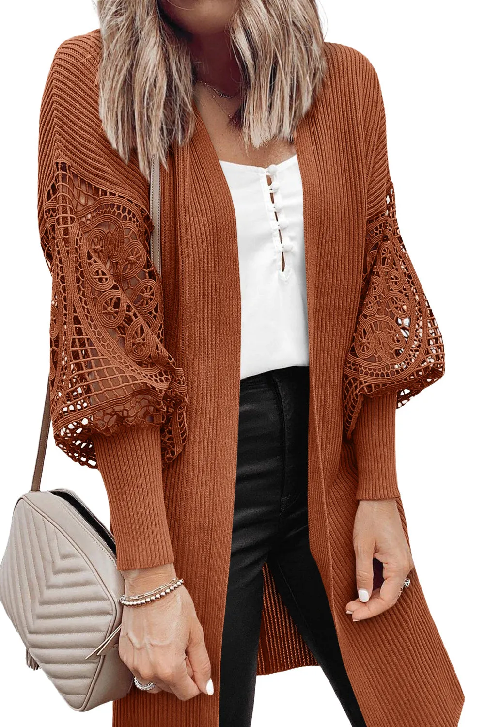 Orange Ribbed Cutout Lace Patch Sleeve Open Cardigan