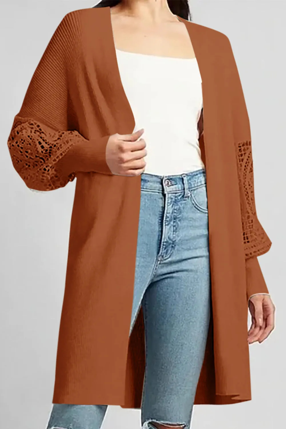 Orange Ribbed Cutout Lace Patch Sleeve Open Cardigan
