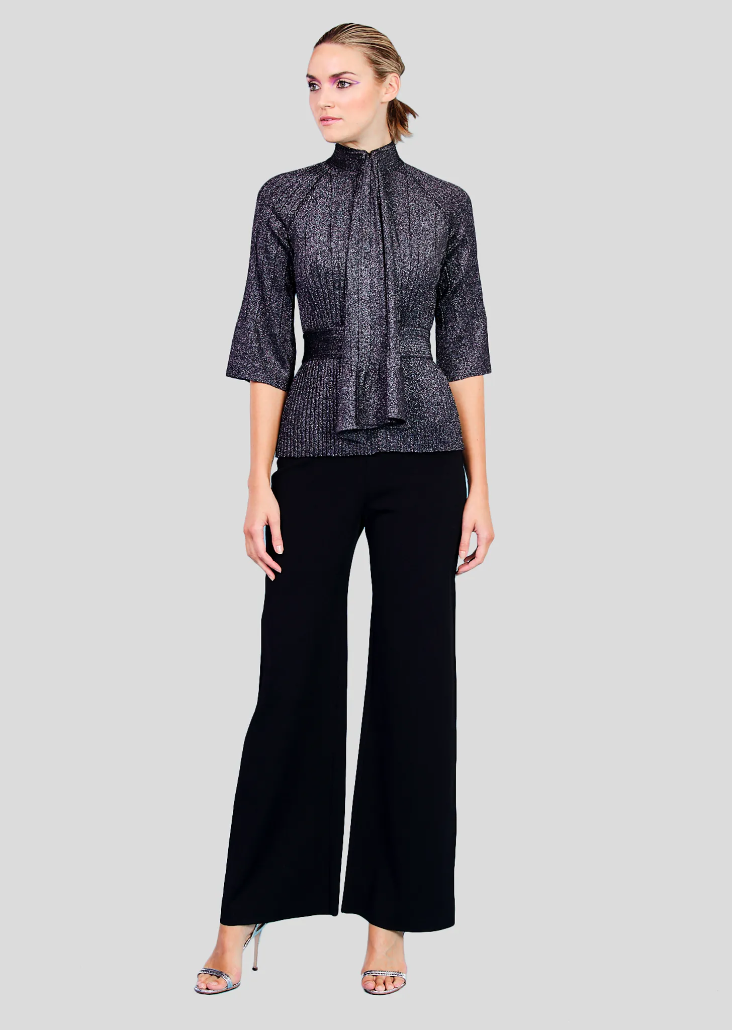 Pierretta – Metallic Pleated Top with Neck Tie