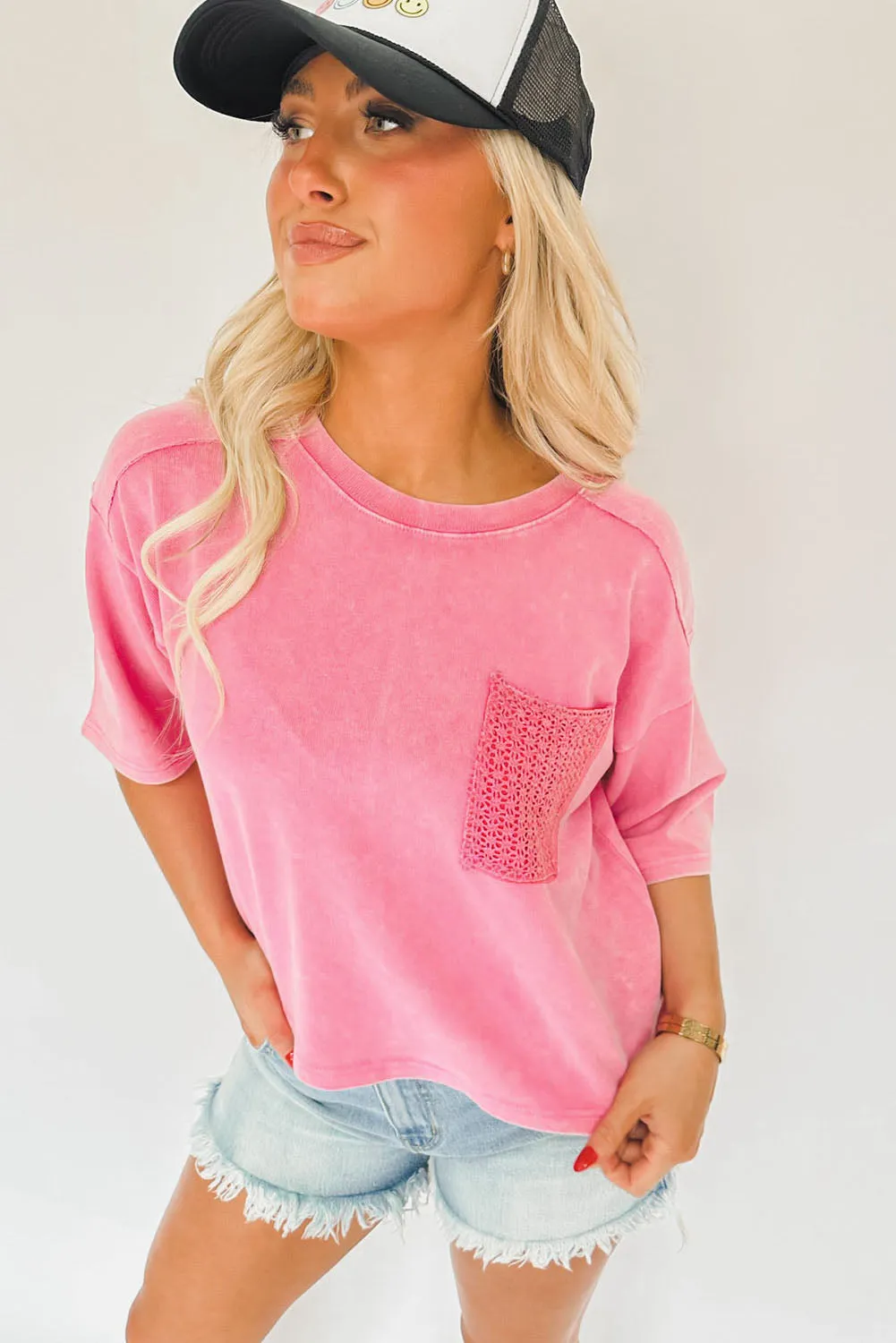 Pink Acid Wash Lace Patch Pocket T-Shirt
