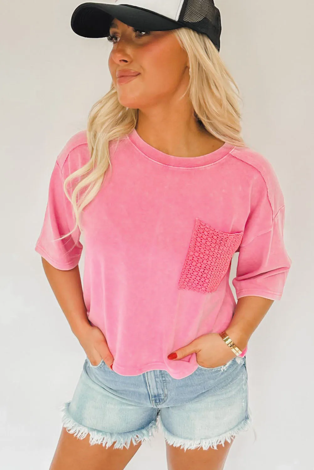 Pink Acid Wash Lace Patch Pocket T-Shirt