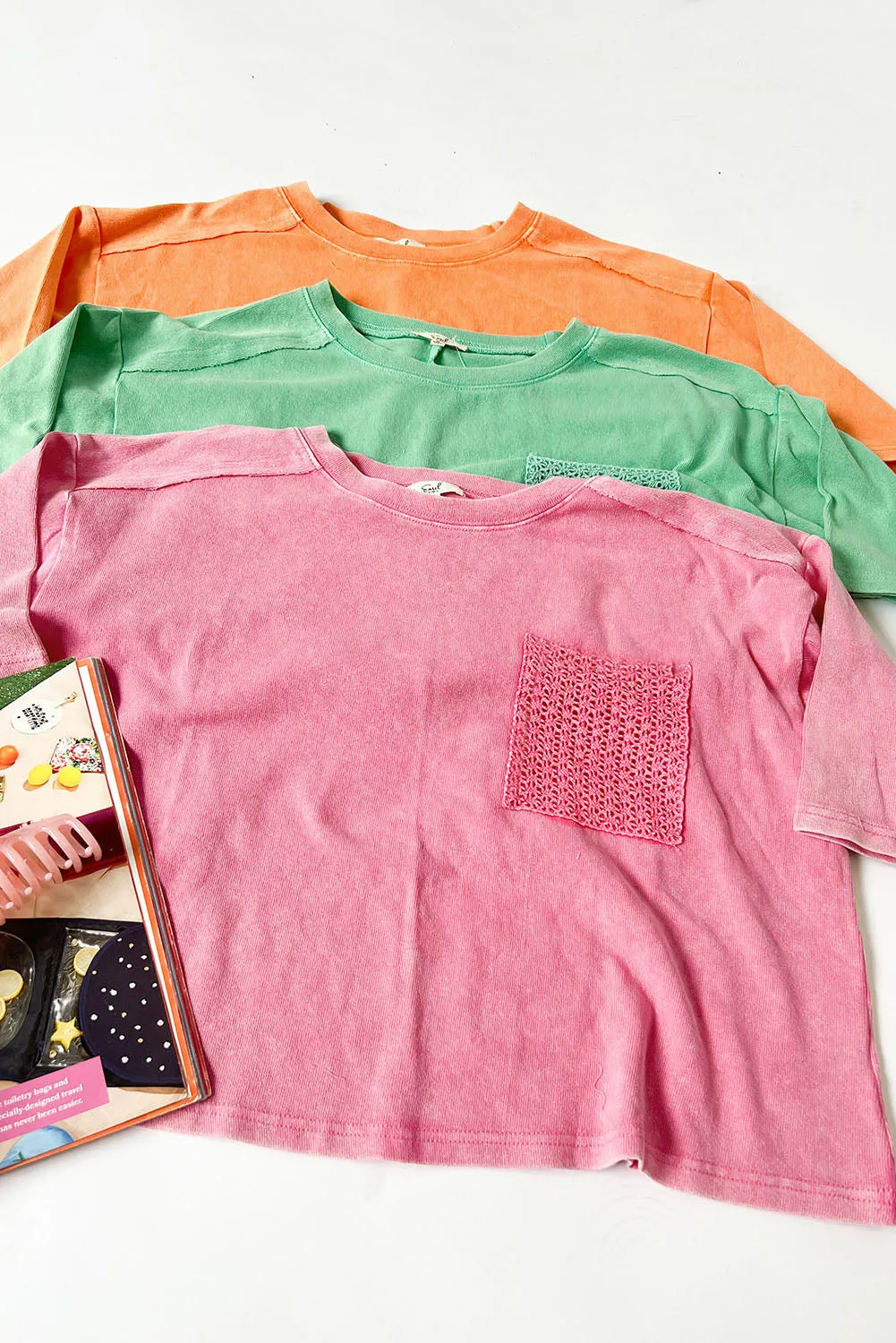 Pink Acid Wash Lace Patch Pocket T-Shirt